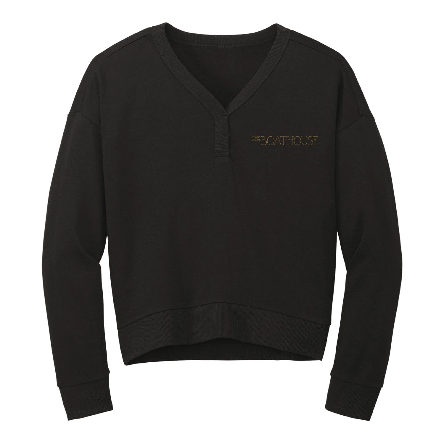 Central Park Boathouse Ladies Black V-Neck Sweatshirt - Front View